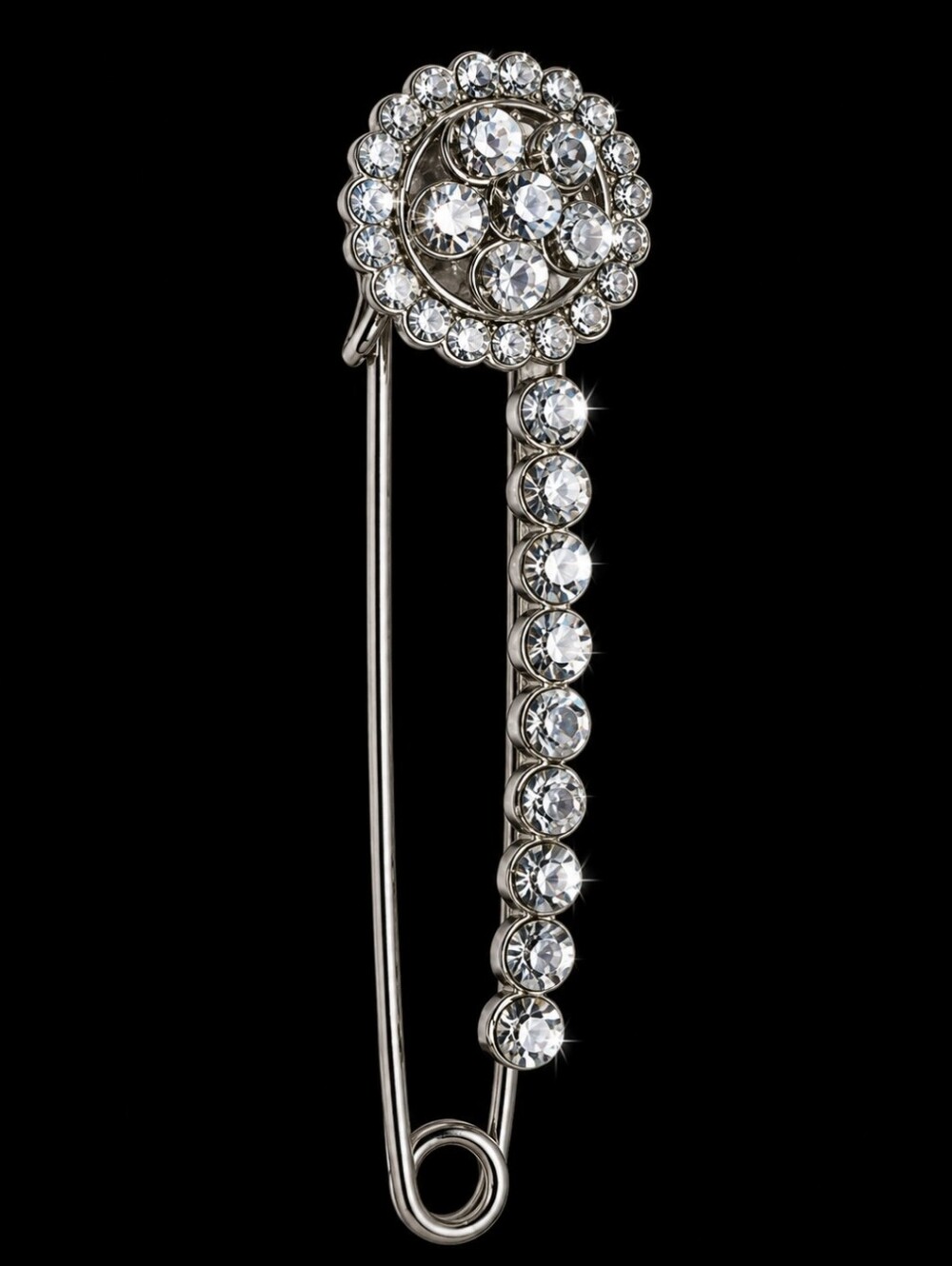 Safety Pin Kilt Blazer Silver Tone Crystal Clear Rhinestone Vintage Fancy Brooch